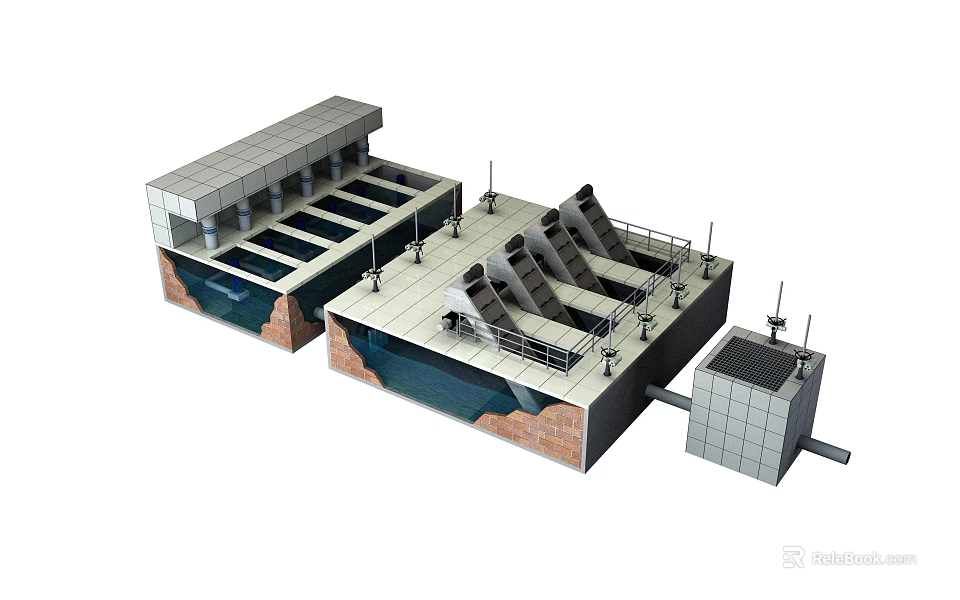 Industrial Water Treatment Equipment System With Processing Basins Inclined Structures And Control Panels 3d model 