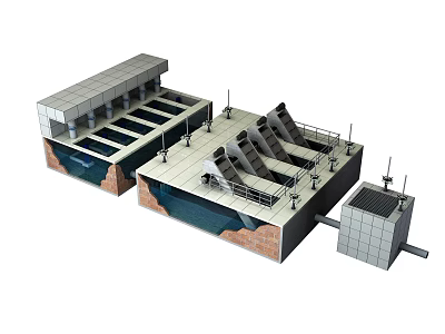 Industrial Water Treatment Equipment System With Processing Basins Inclined Structures And Control Panels 3d model