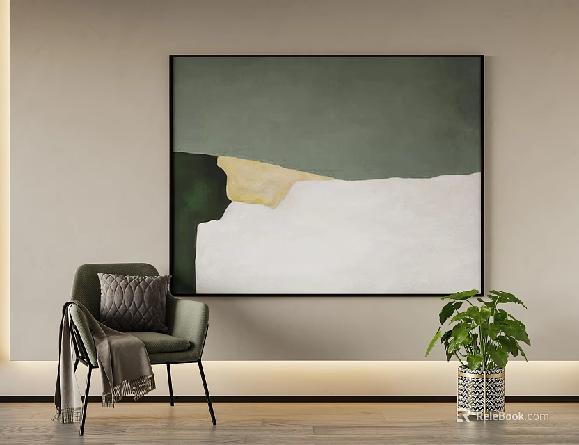 Modern Abstract Painting With Green White Yellow Tones On Interior Wall With Chair And Plant 3d model 