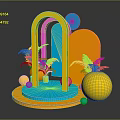 Colorful Event Entrance With Arch Design And Geometric Shapes Palm Leaves And Spheres