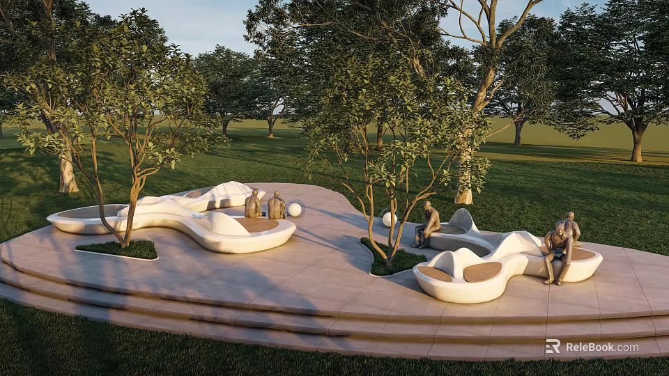 Stylish Outdoor Chairs In Modern Garden With Trees And People Seating 3d model 