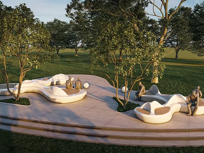 Stylish Outdoor Chairs In Modern Garden With Trees And People Seating 3d model