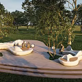 Stylish Outdoor Chairs In Modern Garden With Trees And People Seating