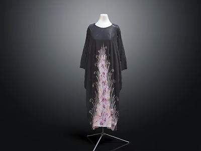 Stylish Black Robe With Pink And White Intricate Pattern On Mannequin 3d model
