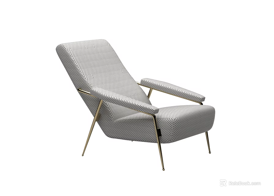 Modern Minimalist Accent Chair with Striped Gray Fabric and Golden Metal Legs 3d model 