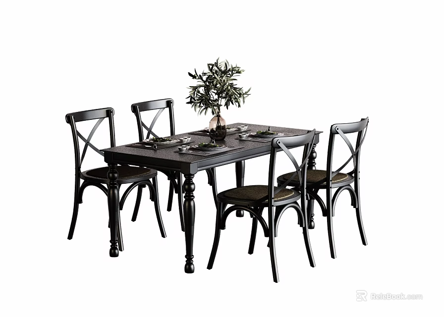 Black Dining Table Set With Four Chairs Vase Green Plant And Tableware 3d model 