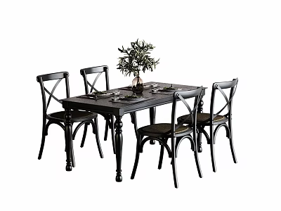 Black Dining Table Set With Four Chairs Vase Green Plant And Tableware 3d model