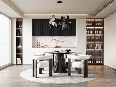 Modern Restaurant Round Dining Table and Chair Single Chair Chandelier Wine Cabinet Decorative Cabinet Tableware Furnishings 3d model