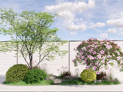 Lush Green Shrubs With Flowering Trees Wall Stones Grass And Blue Sky Clouds 3d model