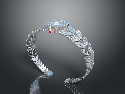 Elegant Silver Bracelet with Leaf Shaped Pattern Diamond Studded and Red Accent Gem 3d model
