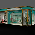 Turquoise Clothing Store Exterior With Gold Accents Glass Windows Mannequins And Plants