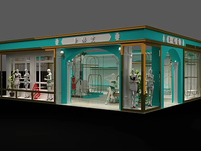 Turquoise Clothing Store Exterior With Gold Accents Glass Windows Mannequins And Plants 3d model