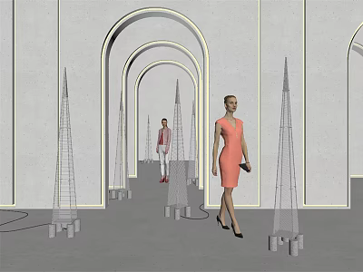 Cone Shaped Modern Floor Lamps In Elegant Interior Hallway With Arch Design 3d model