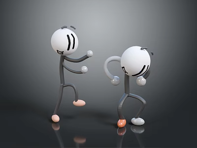 Two Playful 3D Cartoon Characters Dancing With White Heads Gray Bodies And Orange Feet 3d model