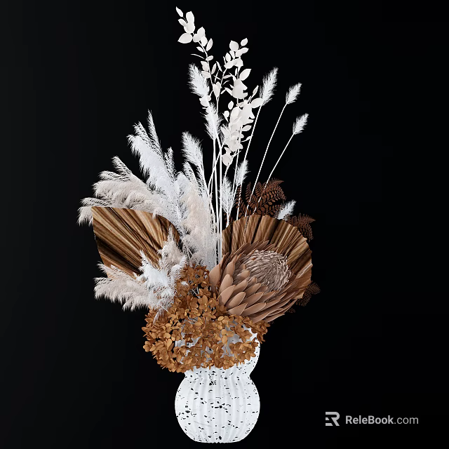 Elegant White Vase With Dried Flowers Pampas Grass Brown Feathers And Beige Accents 3d model 