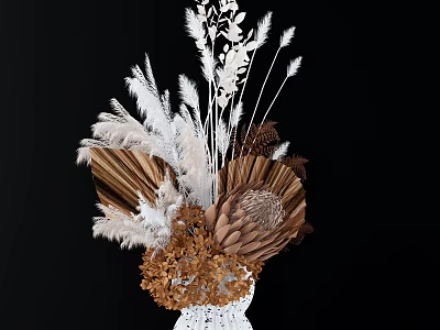 Elegant White Vase With Dried Flowers Pampas Grass Brown Feathers And Beige Accents 3d model