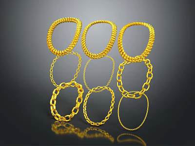 Shiny Gold Bracelets With Various Chain Link Designs Displayed On Dark Background 3d model