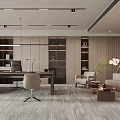 Modern Office Interior Design With Work Desk Bookshelves Sofa Plants And Lighting