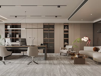 Modern Office Interior Design With Work Desk Bookshelves Sofa Plants And Lighting 3d model