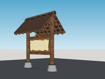 Outdoor Rustic Traditional Wooden Signboard Structure With Roof And Stone Pillars 3d model