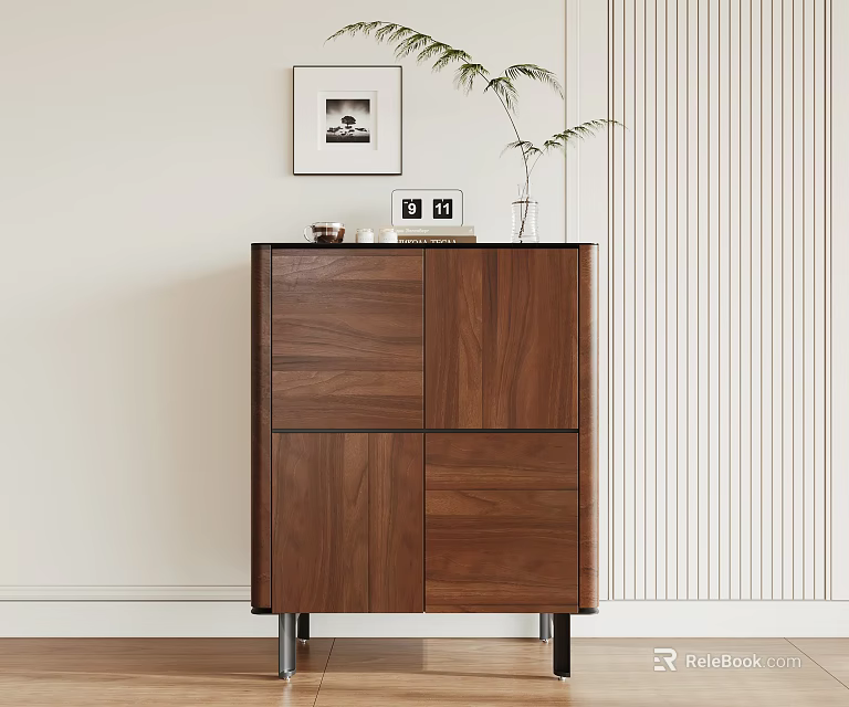 Walnut Entryway Cabinet Sideboard With Black Legs Vase And Picture Against Light Vertical Striped Wall 3d model 
