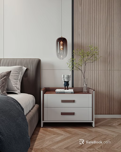 Modern Bedroom with White and Brown Nightstand Featuring Books Small Statue Vase and Green Plant 3d model 
