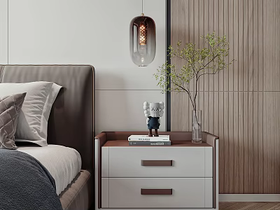 Modern Bedroom with White and Brown Nightstand Featuring Books Small Statue Vase and Green Plant 3d model