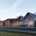 Modern Wooden Visitor Center With Glass Windows Trees And Visitors On Front Terrace