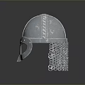 Silver Ancient Warrior Helmet With Metal Chainmail Decorative Details And Medieval Protective Design