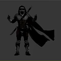 Fantasy Warrior In Medieval Armor With Black Cloak Standing And Holding Sword