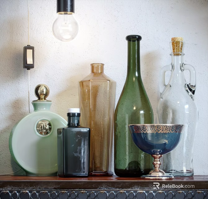 Ceramic Vessels Featuring Green Transparent Bottles Decorative Cup on Wooden Table with Hanging Lamp 3d model 