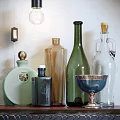 Ceramic Vessels Featuring Green Transparent Bottles Decorative Cup on Wooden Table with Hanging Lamp