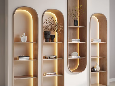 Modern Wooden Display Shelves With Arched Design Built In Lighting And Decorative Items 3d model