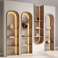 Modern Wooden Display Shelves With Arched Design Built In Lighting And Decorative Items