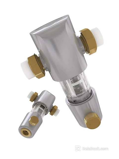 Stainless Steel Water Filter Components With Transparent Cylinder Brass Fittings And White Knobs 3d model 