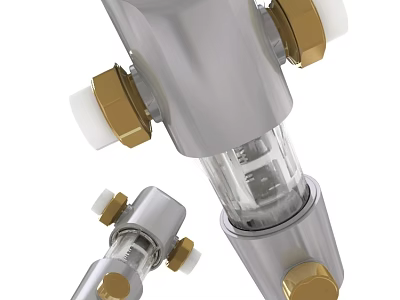 Stainless Steel Water Filter Components With Transparent Cylinder Brass Fittings And White Knobs 3d model