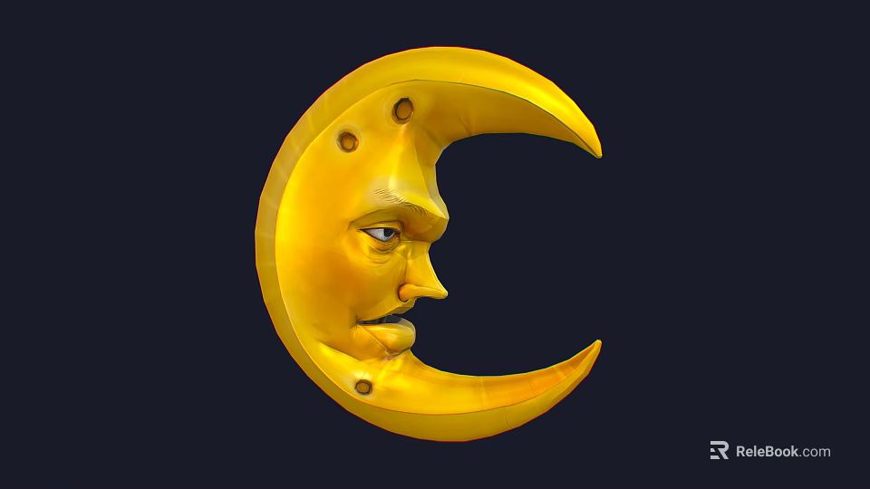 Detailed Yellow Crescent Moon With Carved Human Face And Dark Background 3d model 