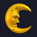 Detailed Yellow Crescent Moon With Carved Human Face And Dark Background