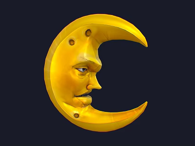 Detailed Yellow Crescent Moon With Carved Human Face And Dark Background 3d model