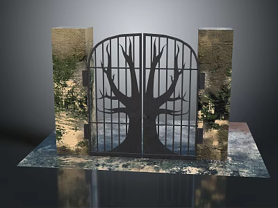 Iron Gate With Tree Design Between Stone Pillars And Green Plants 3d model
