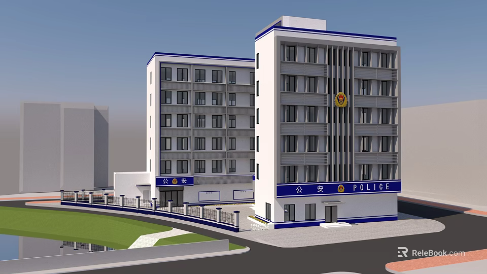 Multi Story Modern Police Station Building Exterior With Signage Lawn And Fence 3d model 