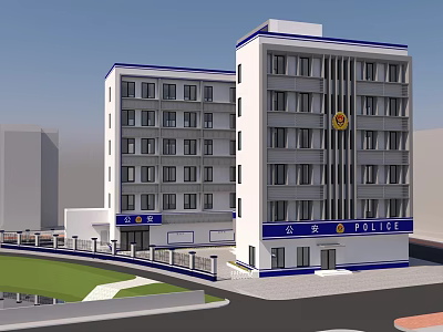 Multi Story Modern Police Station Building Exterior With Signage Lawn And Fence 3d model
