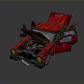 Red Cartoon Car With Open Hood And Doors On Reflective Surface