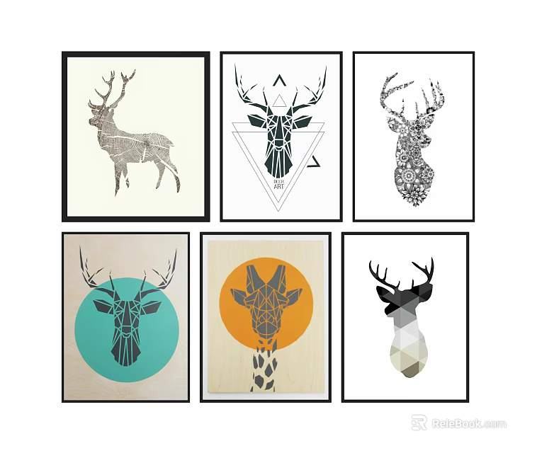 Geometric Animal Paintings Collection Featuring Deer And Giraffe Minimalist Design 3d model 