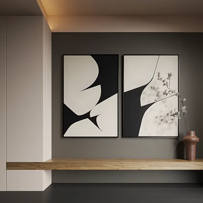 Black And White Abstract Paintings With Geometric Shapes On Gray Wall And Wooden Shelf 3d model
