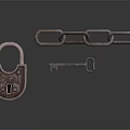 Hardware Tools Featuring Padlock Chain And Key On Dark Reflective Surface 3d model