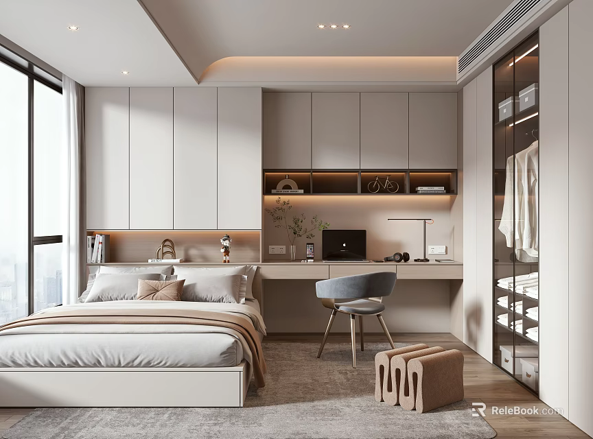 Modern Tatami Bedroom Interior Design With Tatami Bed Desk Wardrobe And Storage Solutions 3d model 