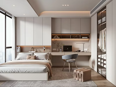 Modern Tatami Bedroom Interior Design With Tatami Bed Desk Wardrobe And Storage Solutions 3d model