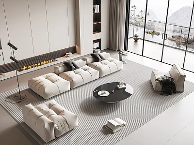 Cozy Modern Sofa and Coffee Table Set in Living Room with Floor to Ceiling Windows 3d model
