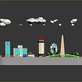 Cartoon City Model Scene With Green Grass Trees Buildings Clouds Roads And Cars